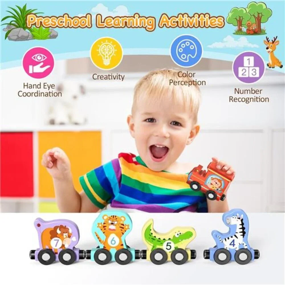 Toys for Toddlers, 11 Magnetic Wooden Animals Train Set, Montessori Toys